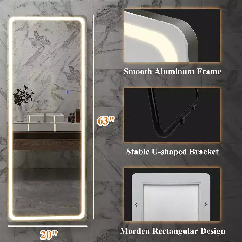20 in. W x 63 in. H Modern Full Length Rectangular Frameless Mirror With Rounded Corner in Silver