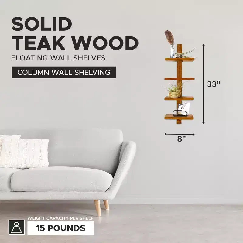 4 Shelf Floating Wall Shelves, Wooden Vertical Shelving for Home Display, Storage, or Room Dcor, Column Small, Teak Wood
