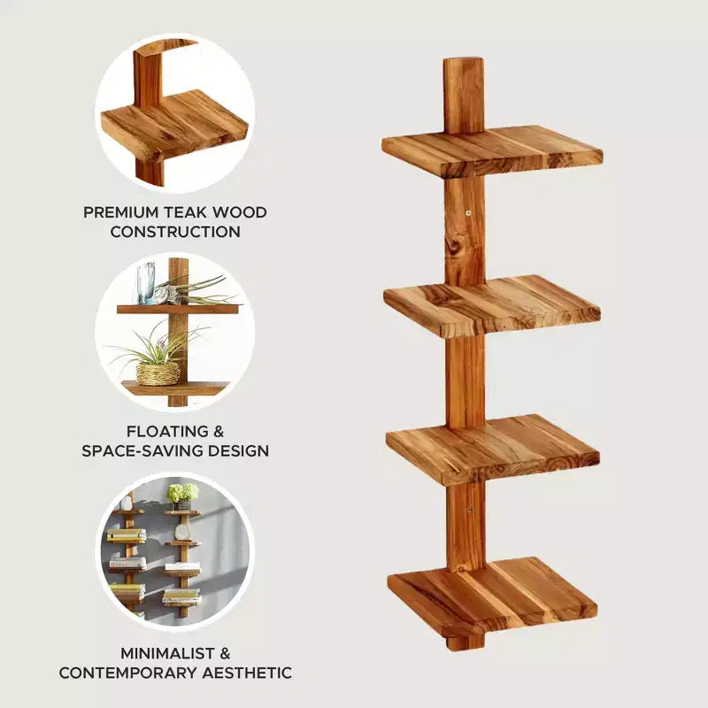 4 Shelf Floating Wall Shelves, Wooden Vertical Shelving for Home Display, Storage, or Room Dcor, Column Small, Teak Wood