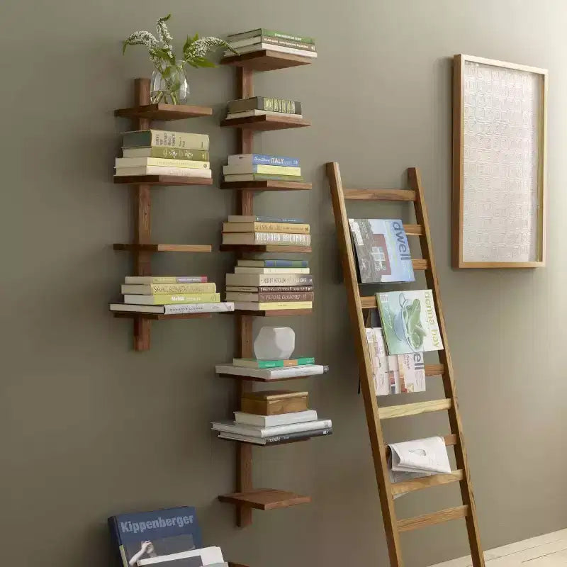 4 Shelf Floating Wall Shelves, Wooden Vertical Shelving for Home Display, Storage, or Room Dcor, Column Small, Teak Wood