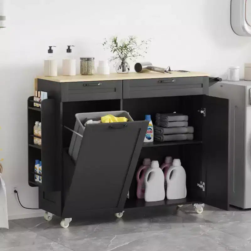 Rolling Kitchen Island with Power Outlet & Drop Leaf, Kitchen Island Cart with Trash Storage Cabinet