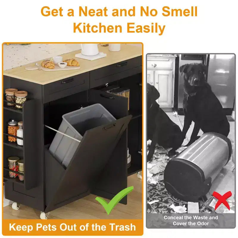Rolling Kitchen Island with Power Outlet & Drop Leaf, Kitchen Island Cart with Trash Storage Cabinet
