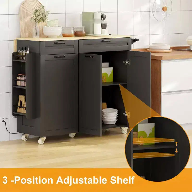 Rolling Kitchen Island with Power Outlet & Drop Leaf, Kitchen Island Cart with Trash Storage Cabinet