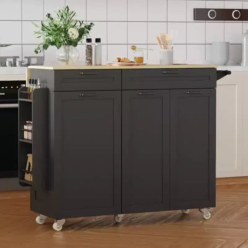 Rolling Kitchen Island with Power Outlet & Drop Leaf, Kitchen Island Cart with Trash Storage Cabinet