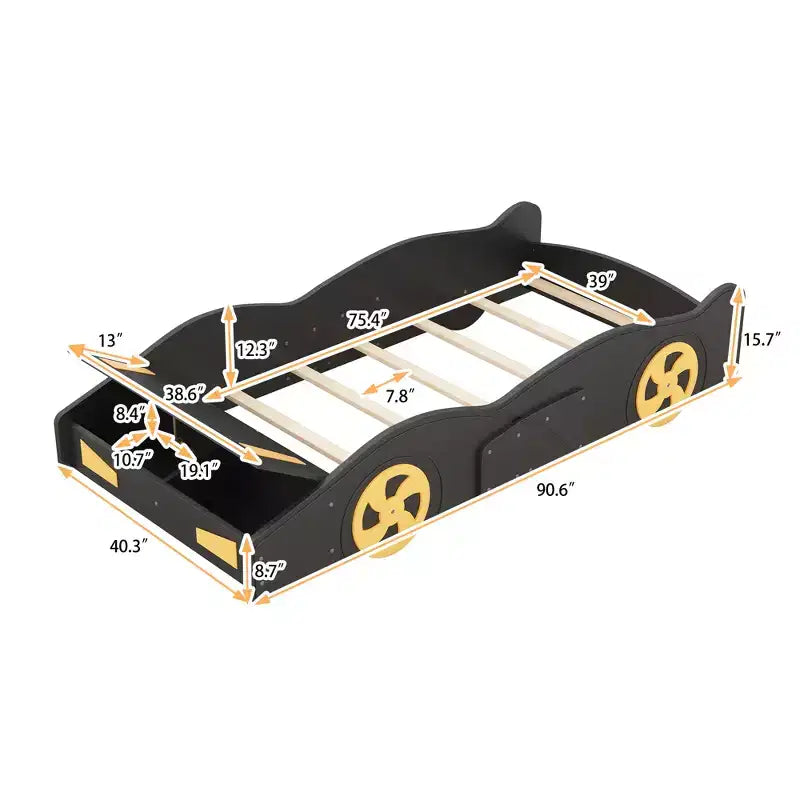 Race Car-Shaped Platform Bed with Wheels and Storage