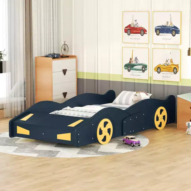 Race Car-Shaped Platform Bed with Wheels and Storage