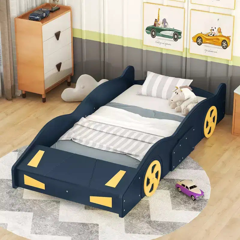 Race Car-Shaped Platform Bed with Wheels and Storage