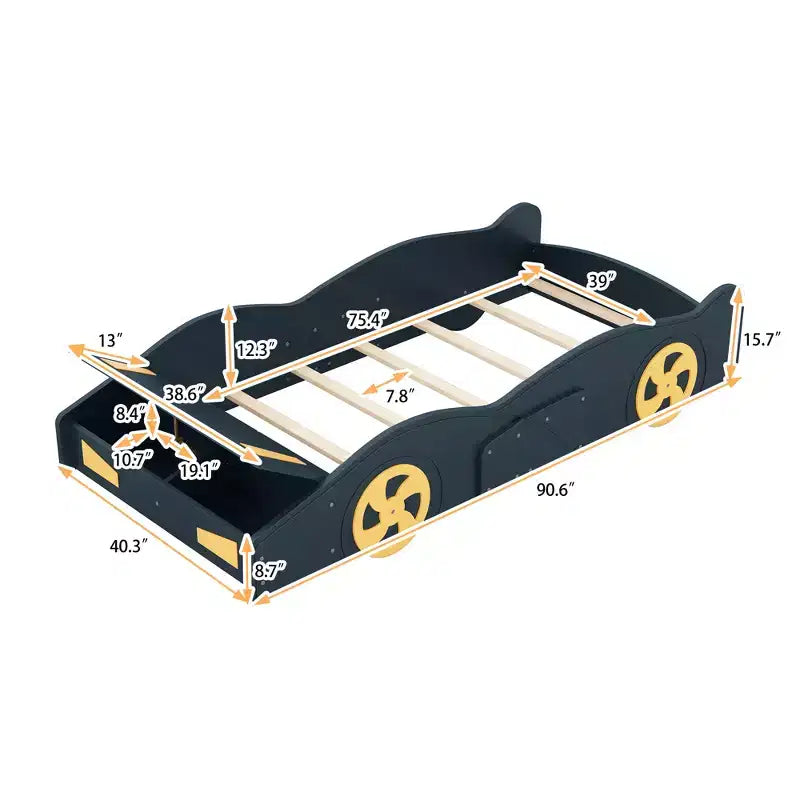 Race Car-Shaped Platform Bed with Wheels and Storage