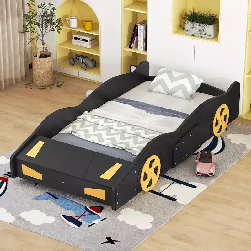 Race Car-Shaped Platform Bed with Wheels and Storage