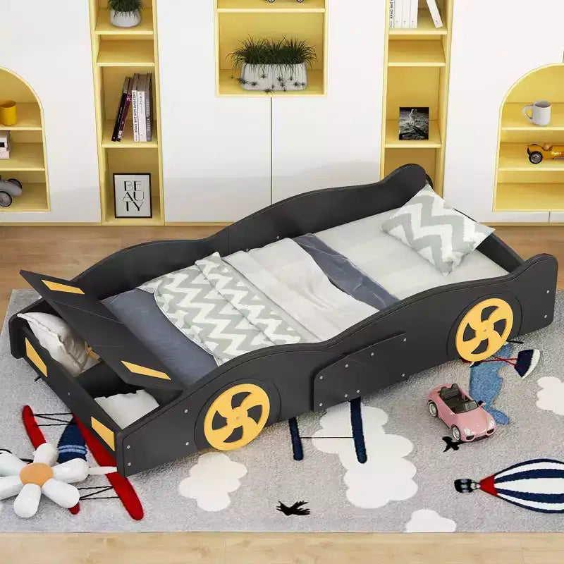 Race Car-Shaped Platform Bed with Wheels and Storage