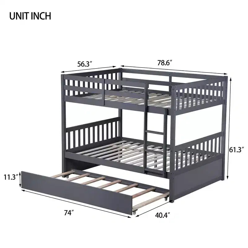 Full Over Full Rubber Wood Bunk Bed with Trundle, Ladder and Guardrails, Convertible to 2 Full Size Beds