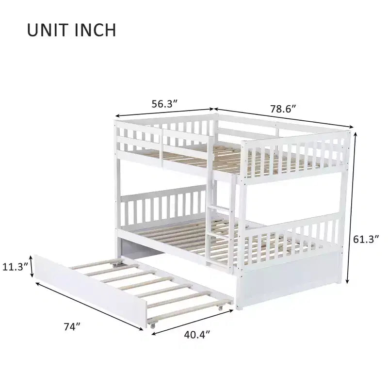 Full Over Full Rubber Wood Bunk Bed with Trundle, Ladder and Guardrails, Convertible to 2 Full Size Beds