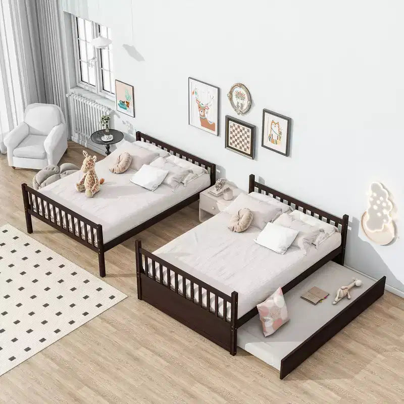 Full Over Full Rubber Wood Bunk Bed with Trundle, Ladder and Guardrails, Convertible to 2 Full Size Beds