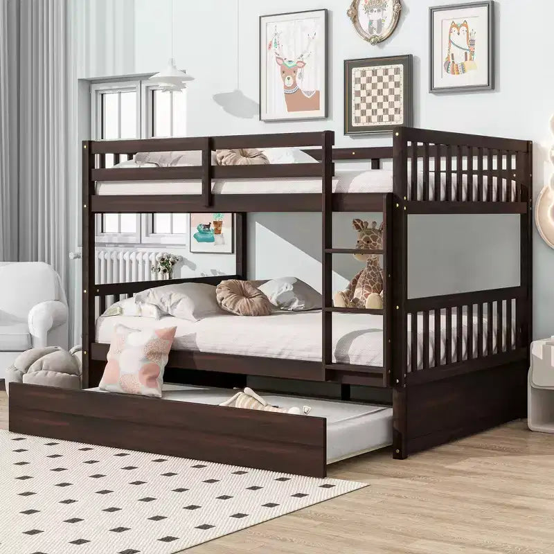 Full Over Full Rubber Wood Bunk Bed with Trundle, Ladder and Guardrails, Convertible to 2 Full Size Beds