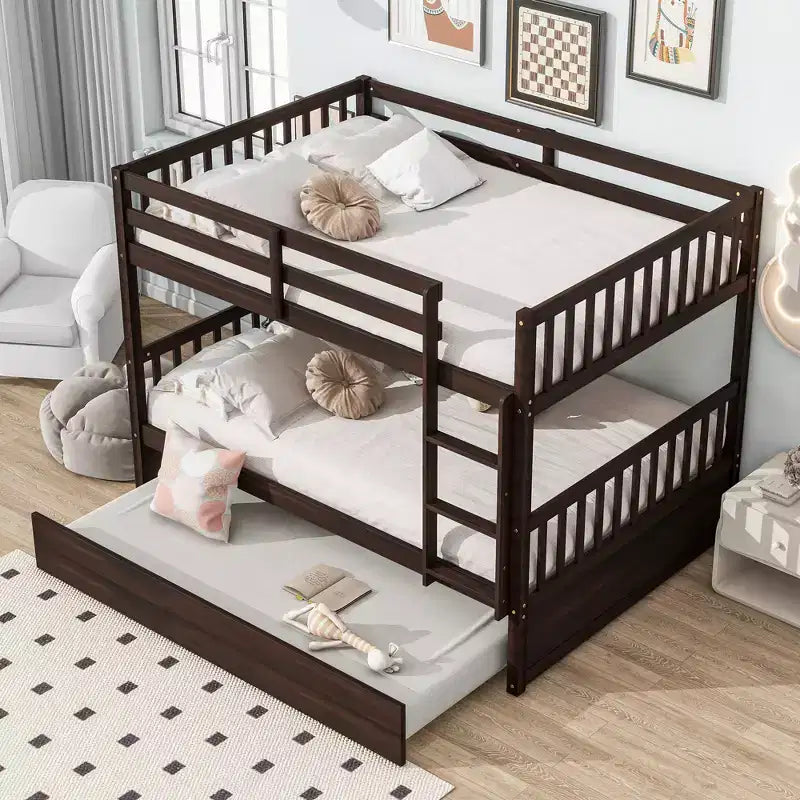Full Over Full Rubber Wood Bunk Bed with Trundle, Ladder and Guardrails, Convertible to 2 Full Size Beds