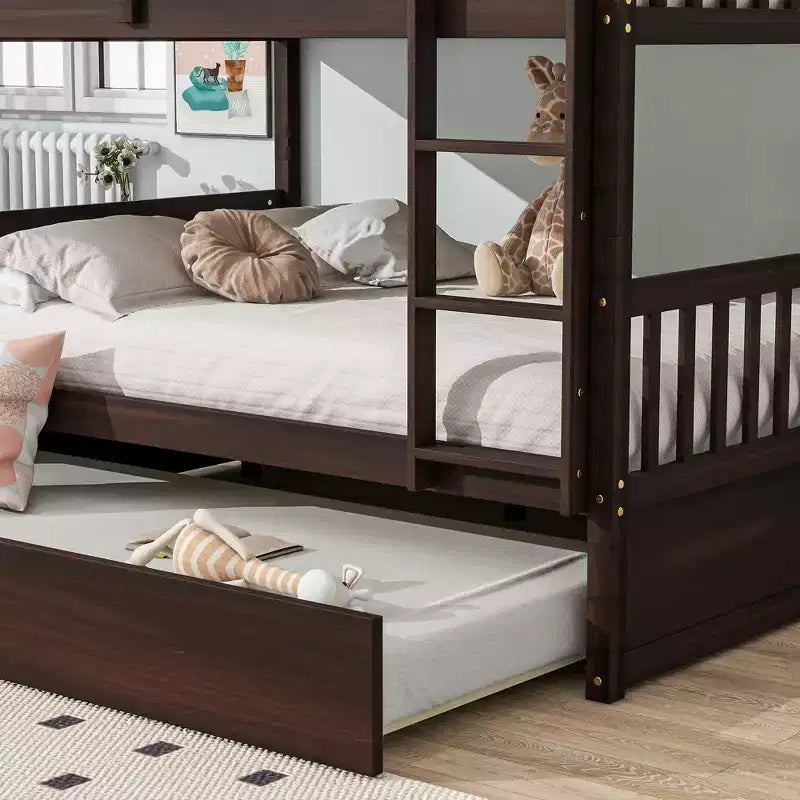 Full Over Full Rubber Wood Bunk Bed with Trundle, Ladder and Guardrails, Convertible to 2 Full Size Beds