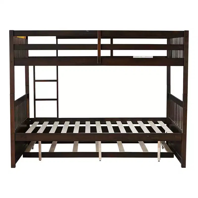 Full Over Full Rubber Wood Bunk Bed with Trundle, Ladder and Guardrails, Convertible to 2 Full Size Beds