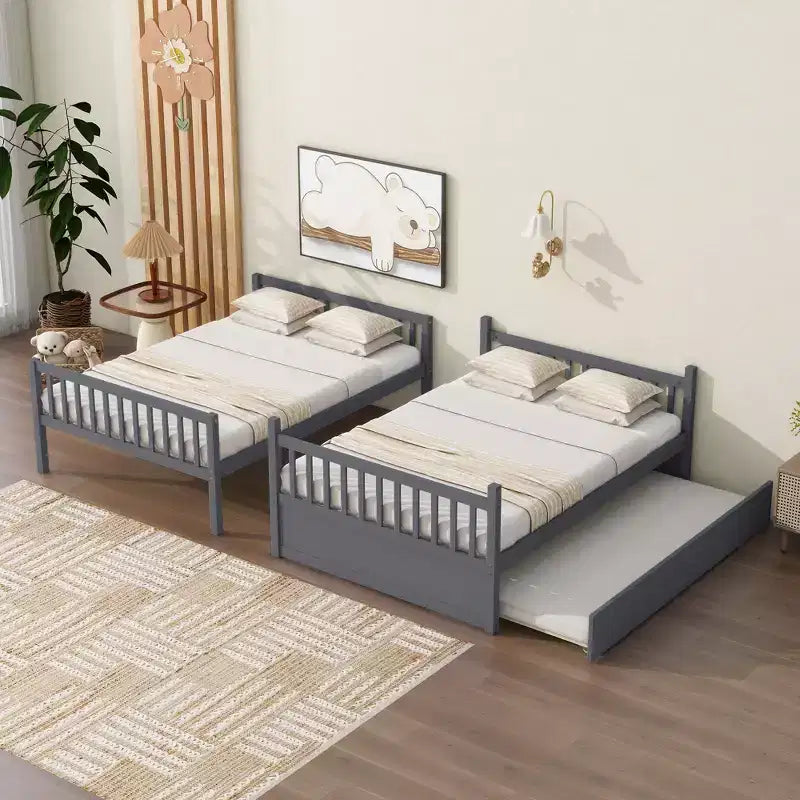 Full Over Full Rubber Wood Bunk Bed with Trundle, Ladder and Guardrails, Convertible to 2 Full Size Beds