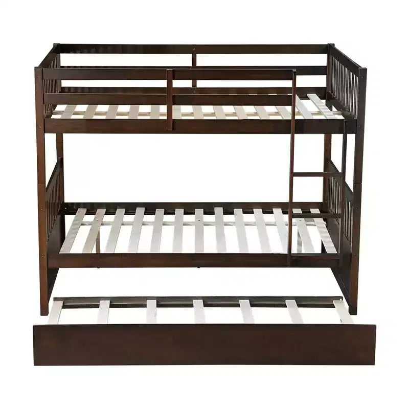 Full Over Full Rubber Wood Bunk Bed with Trundle, Ladder and Guardrails, Convertible to 2 Full Size Beds