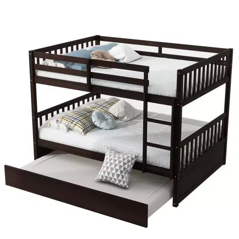 Full Over Full Rubber Wood Bunk Bed with Trundle, Ladder and Guardrails, Convertible to 2 Full Size Beds