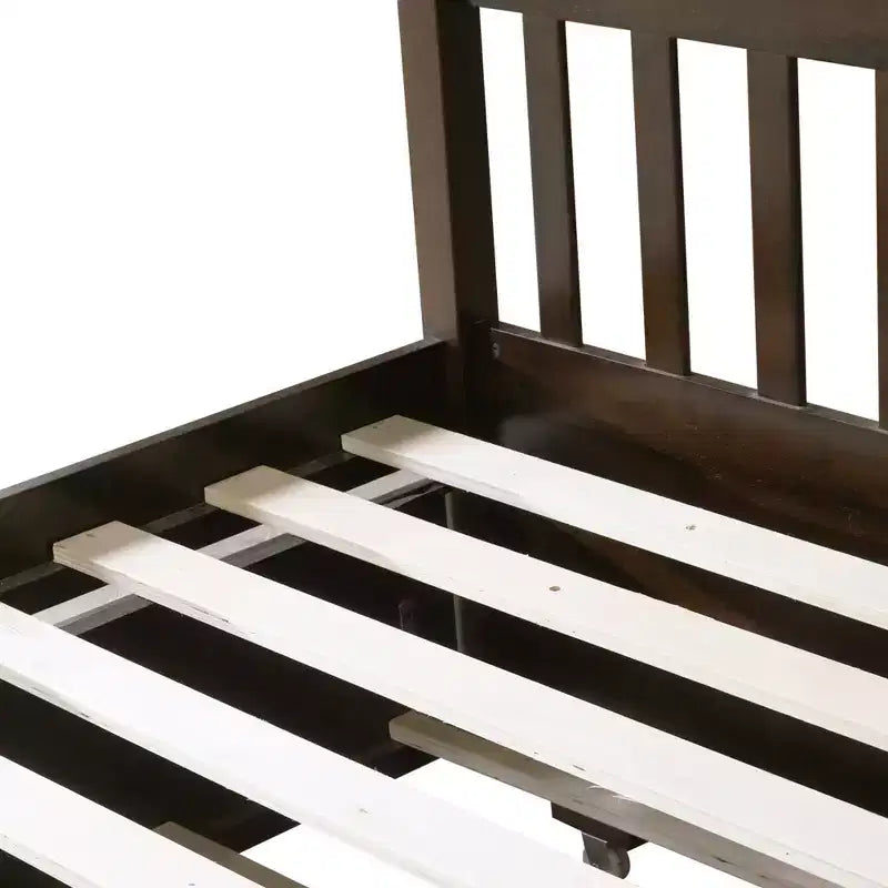 Full Over Full Rubber Wood Bunk Bed with Trundle, Ladder and Guardrails, Convertible to 2 Full Size Beds
