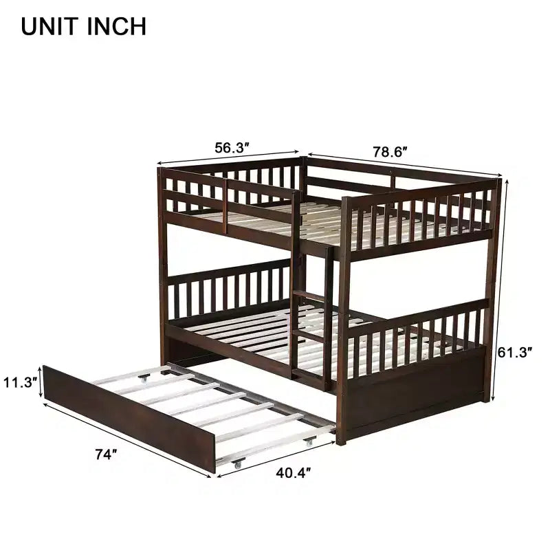 Full Over Full Rubber Wood Bunk Bed with Trundle, Ladder and Guardrails, Convertible to 2 Full Size Beds