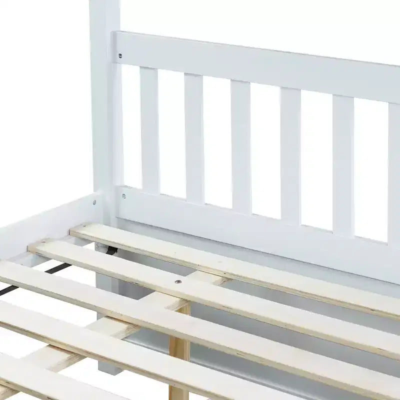Full Over Full Rubber Wood Bunk Bed with Trundle, Ladder and Guardrails, Convertible to 2 Full Size Beds
