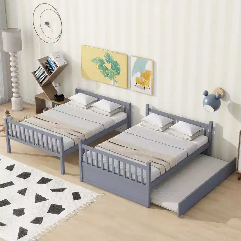 Full Over Full Rubber Wood Bunk Bed with Trundle, Ladder and Guardrails, Convertible to 2 Full Size Beds