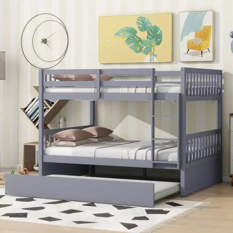 Full Over Full Rubber Wood Bunk Bed with Trundle, Ladder and Guardrails, Convertible to 2 Full Size Beds