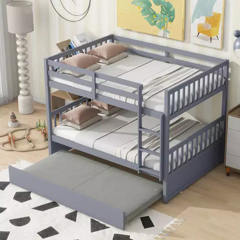 Full Over Full Rubber Wood Bunk Bed with Trundle, Ladder and Guardrails, Convertible to 2 Full Size Beds