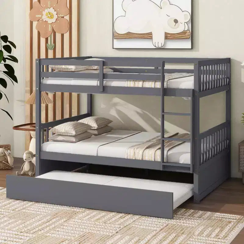 Full Over Full Rubber Wood Bunk Bed with Trundle, Ladder and Guardrails, Convertible to 2 Full Size Beds