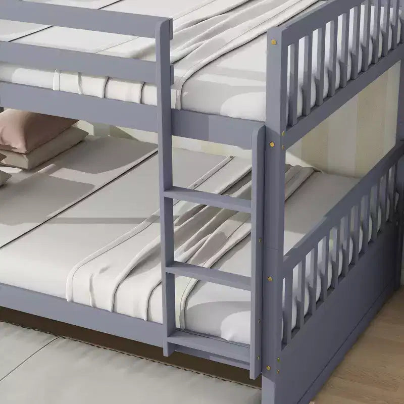 Full Over Full Rubber Wood Bunk Bed with Trundle, Ladder and Guardrails, Convertible to 2 Full Size Beds