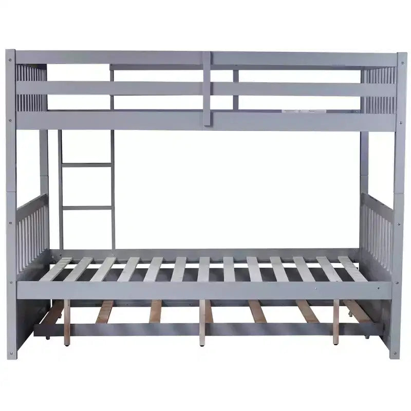 Full Over Full Rubber Wood Bunk Bed with Trundle, Ladder and Guardrails, Convertible to 2 Full Size Beds