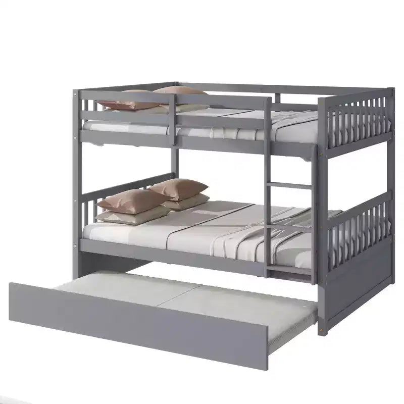 Full Over Full Rubber Wood Bunk Bed with Trundle, Ladder and Guardrails, Convertible to 2 Full Size Beds