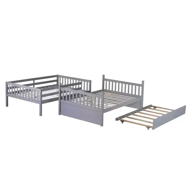 Full Over Full Rubber Wood Bunk Bed with Trundle, Ladder and Guardrails, Convertible to 2 Full Size Beds