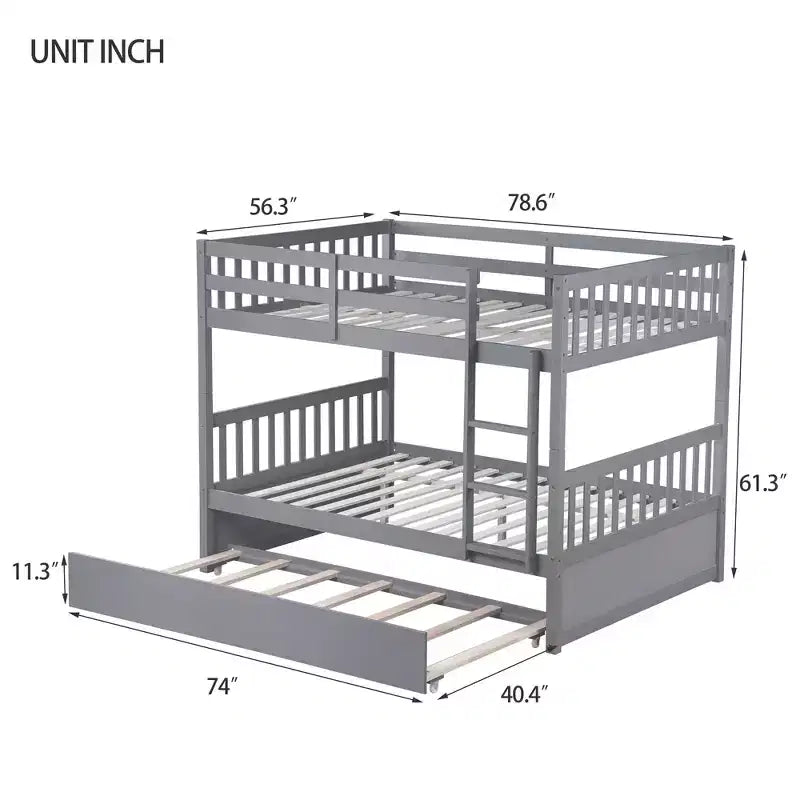 Full Over Full Rubber Wood Bunk Bed with Trundle, Ladder and Guardrails, Convertible to 2 Full Size Beds