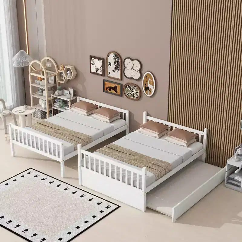 Full Over Full Rubber Wood Bunk Bed with Trundle, Ladder and Guardrails, Convertible to 2 Full Size Beds