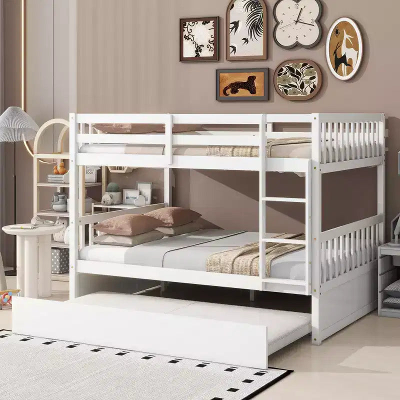 Full Over Full Rubber Wood Bunk Bed with Trundle, Ladder and Guardrails, Convertible to 2 Full Size Beds