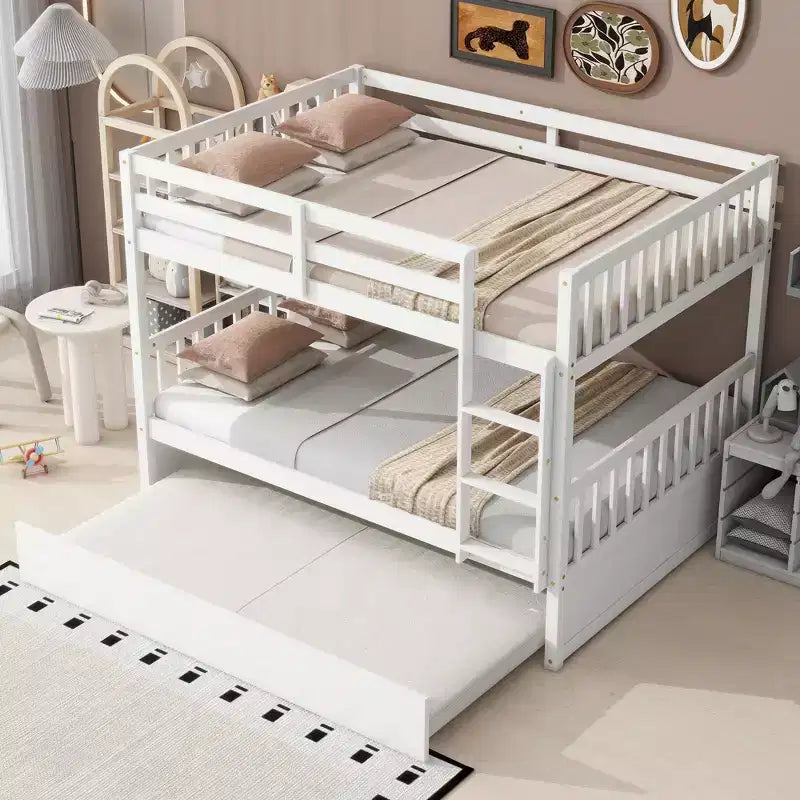 Full Over Full Rubber Wood Bunk Bed with Trundle, Ladder and Guardrails, Convertible to 2 Full Size Beds