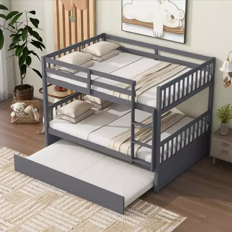 Full Over Full Rubber Wood Bunk Bed with Trundle, Ladder and Guardrails, Convertible to 2 Full Size Beds