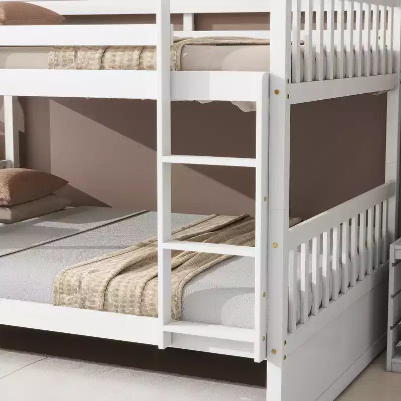 Full Over Full Rubber Wood Bunk Bed with Trundle, Ladder and Guardrails, Convertible to 2 Full Size Beds