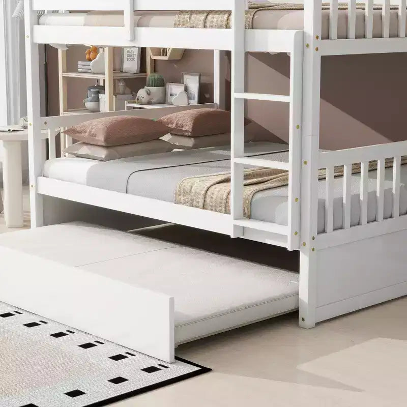 Full Over Full Rubber Wood Bunk Bed with Trundle, Ladder and Guardrails, Convertible to 2 Full Size Beds
