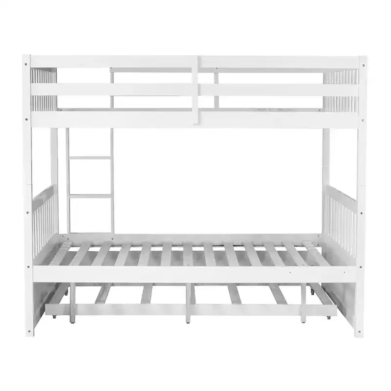 Full Over Full Rubber Wood Bunk Bed with Trundle, Ladder and Guardrails, Convertible to 2 Full Size Beds