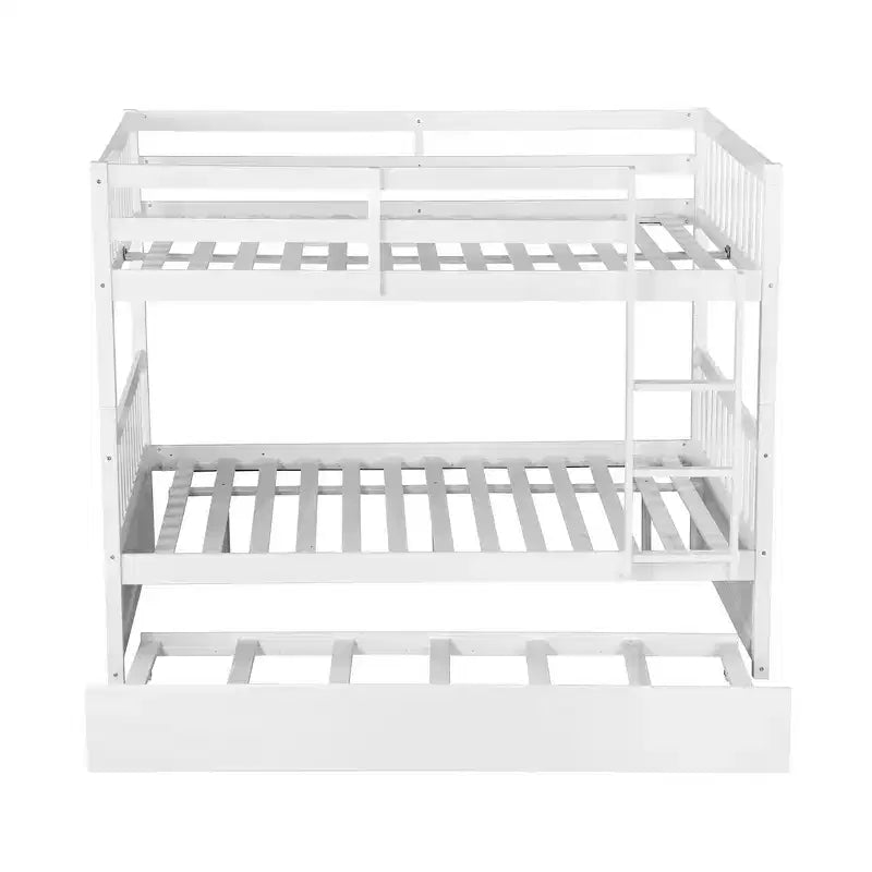 Full Over Full Rubber Wood Bunk Bed with Trundle, Ladder and Guardrails, Convertible to 2 Full Size Beds