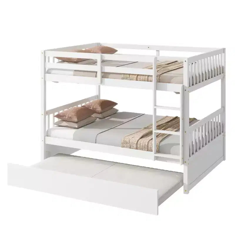 Full Over Full Rubber Wood Bunk Bed with Trundle, Ladder and Guardrails, Convertible to 2 Full Size Beds
