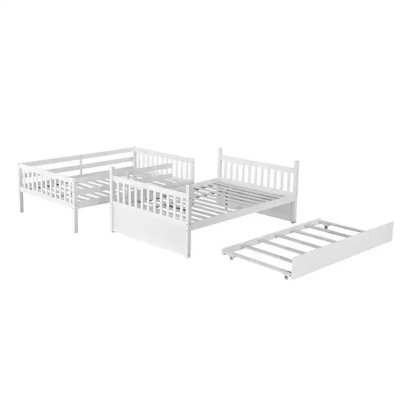 Full Over Full Rubber Wood Bunk Bed with Trundle, Ladder and Guardrails, Convertible to 2 Full Size Beds