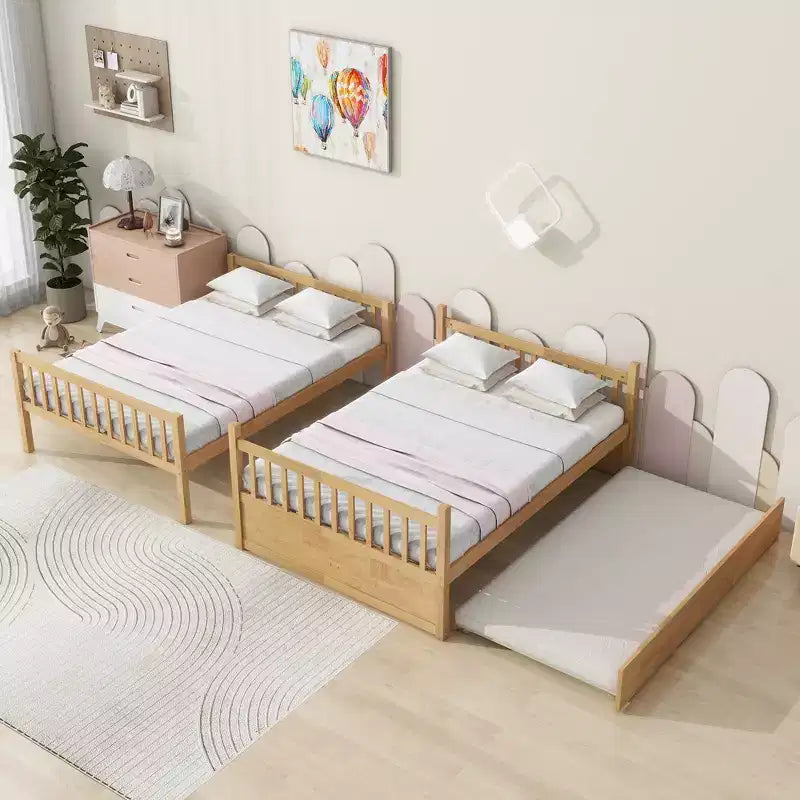 Full Over Full Rubber Wood Bunk Bed with Trundle, Ladder and Guardrails, Convertible to 2 Full Size Beds