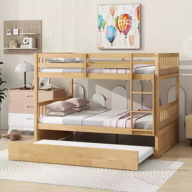 Full Over Full Rubber Wood Bunk Bed with Trundle, Ladder and Guardrails, Convertible to 2 Full Size Beds