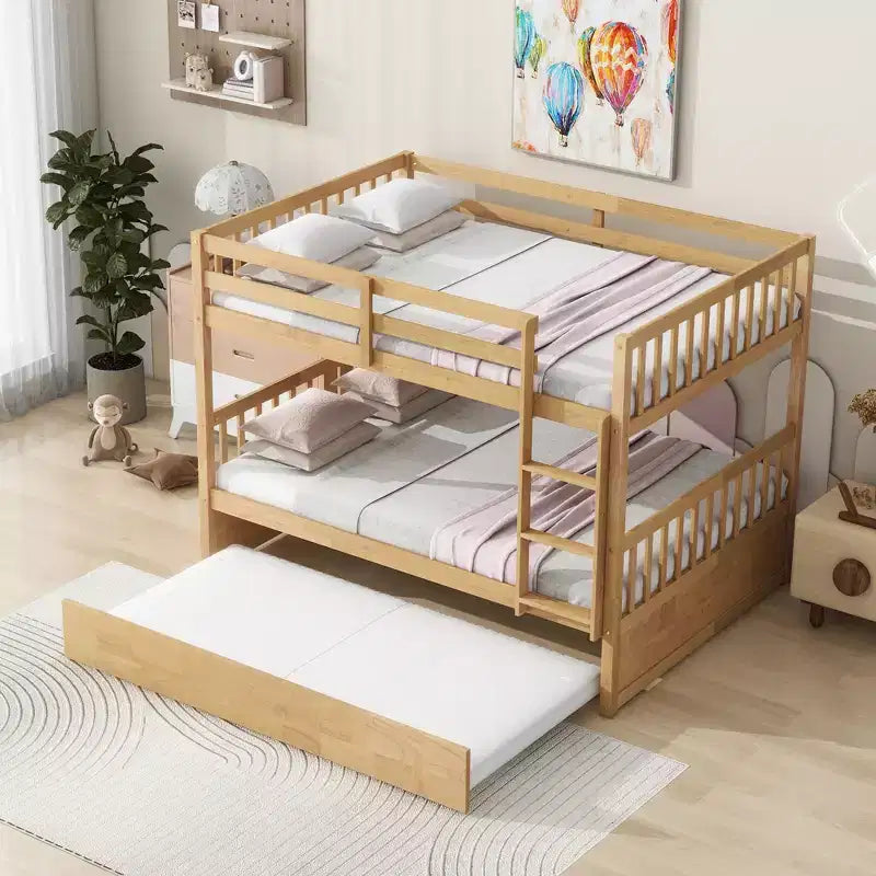 Full Over Full Rubber Wood Bunk Bed with Trundle, Ladder and Guardrails, Convertible to 2 Full Size Beds