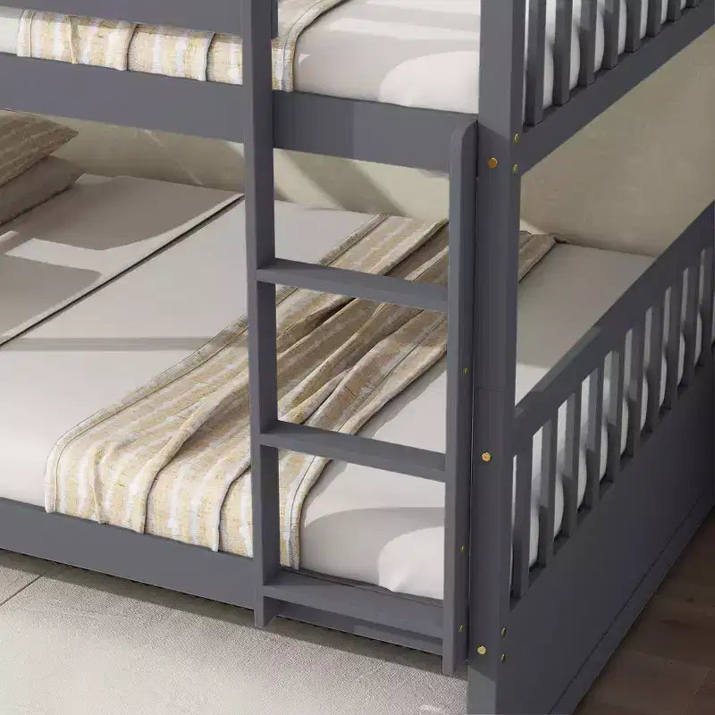 Full Over Full Rubber Wood Bunk Bed with Trundle, Ladder and Guardrails, Convertible to 2 Full Size Beds